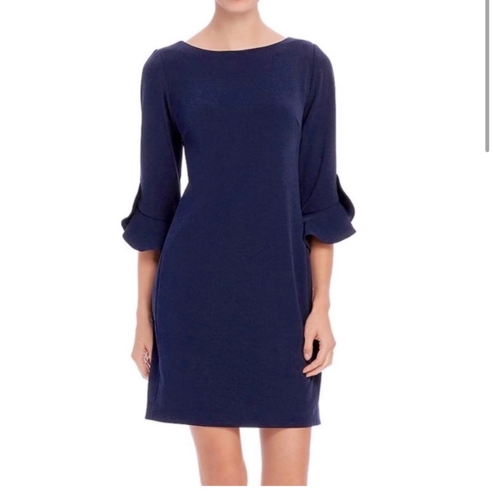 Karl Lagerfeld Paris Navy 3/4 Ruffle Tulip Sleeve Crepe Sheath Dress